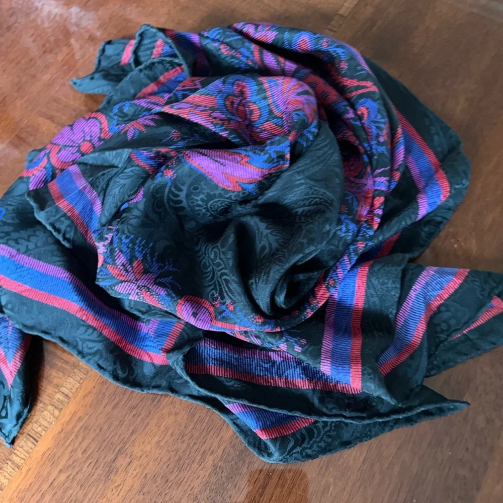 Carlisle Black Scarf with Purple and Pink Floral Accents silk 32“ x 32“ - Picture 1 of 8